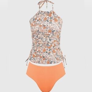 Floral Halter Neck Swim Top and Orange Bottoms
